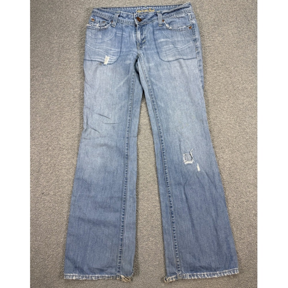 Y2K American Eagle Jeans Women's 2 Blue Light Wash Boy Fit Tapered Leg Whiskered